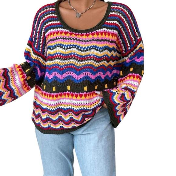 Oversized Rainbow Crochet Knit Hippie Boho Sweater Size Small - Picture 4 of 9